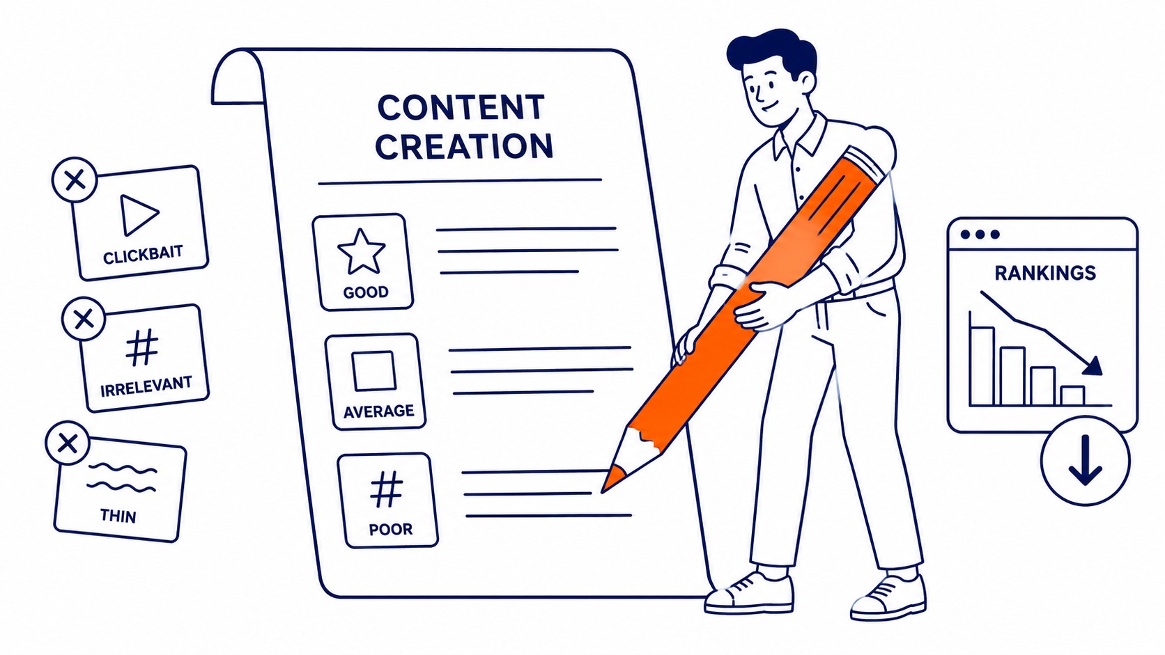 Content creation strategy for SEO showing topical depth ranking over publication frequency