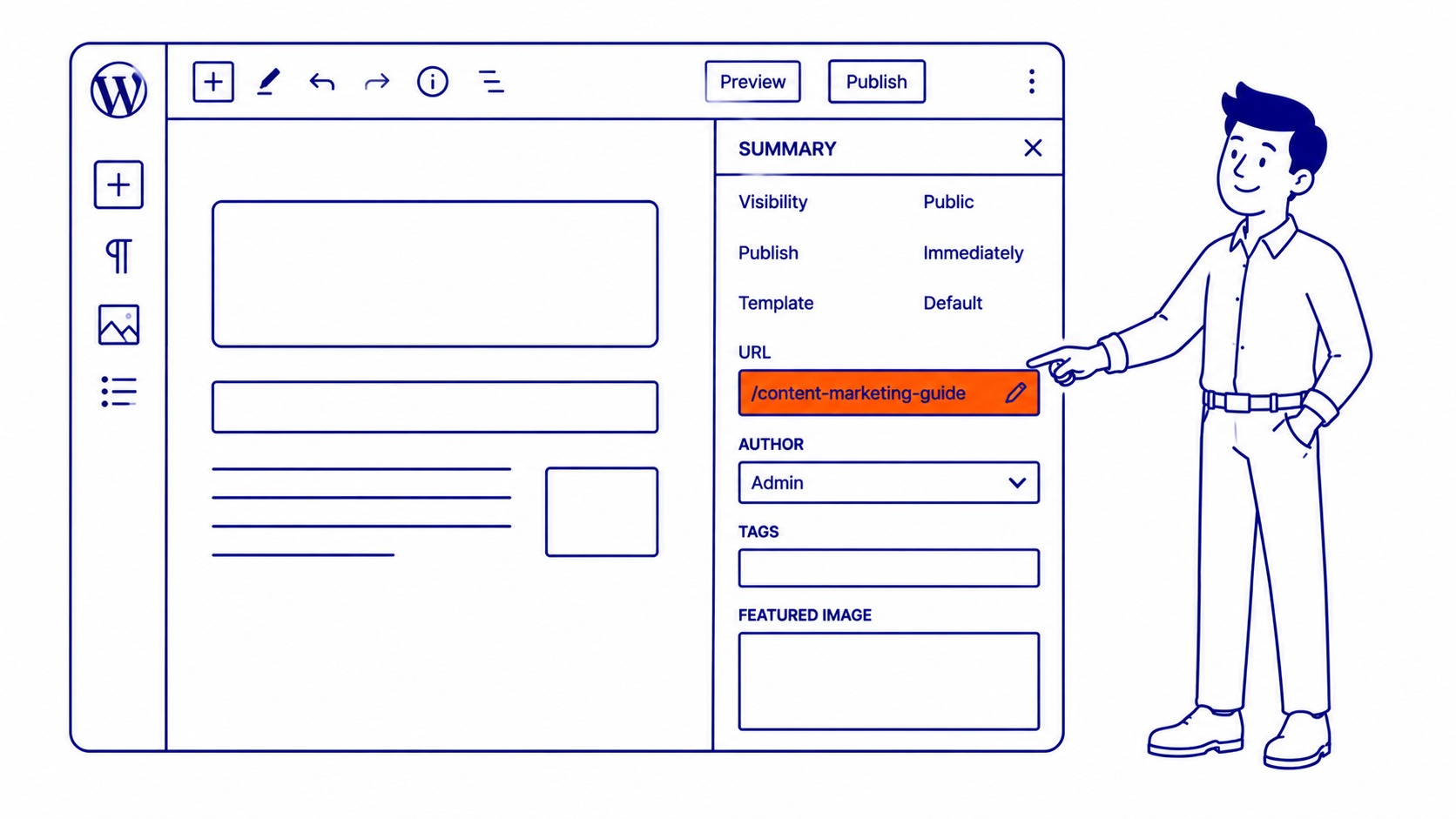 WordPress block editor showing the slug field location in the Summary sidebar panel