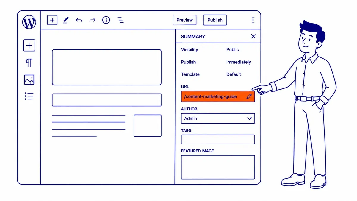 WordPress block editor showing the slug field location in the Summary sidebar panel