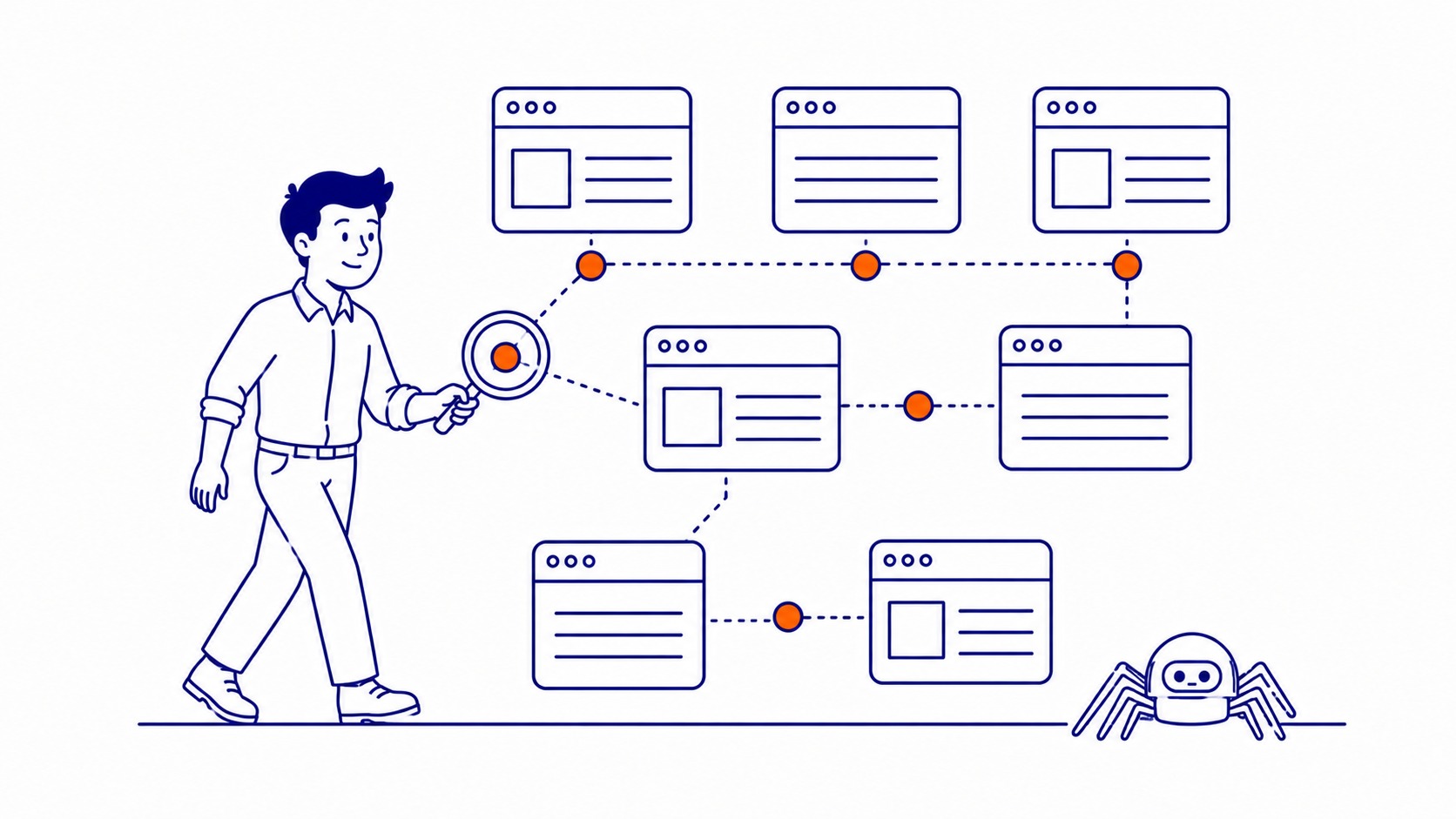 Diagram showing Googlebot following links through web pages during SEO crawling