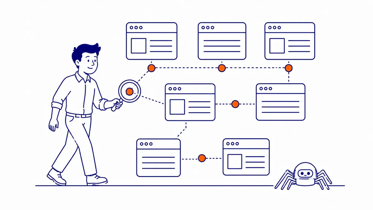 Diagram showing Googlebot following links through web pages during SEO crawling