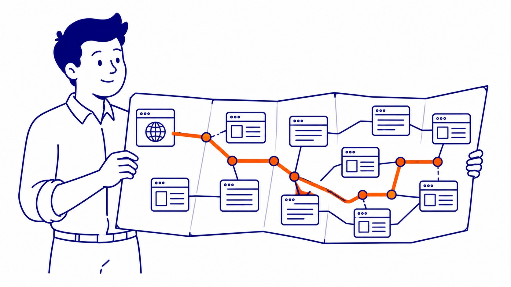 Illustration of search engine crawlers following links between web pages