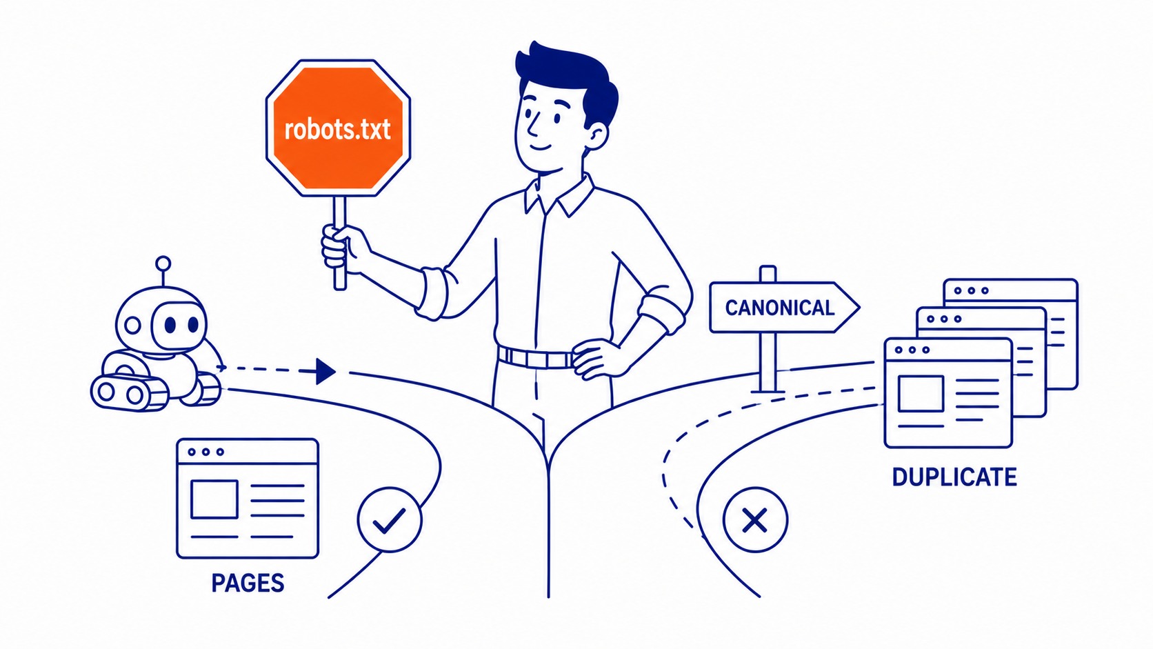 Diagram showing robots.txt, meta robots, and canonical tags controlling crawler access