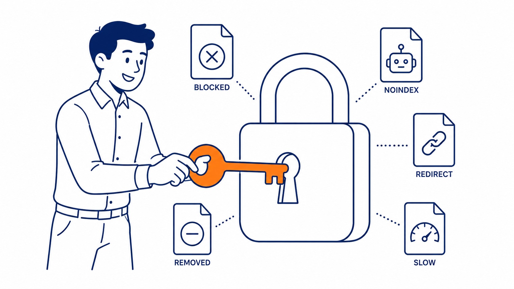 Common reasons pages are not indexed diagram including noindex tags, robots.txt blocks, and thin content flags