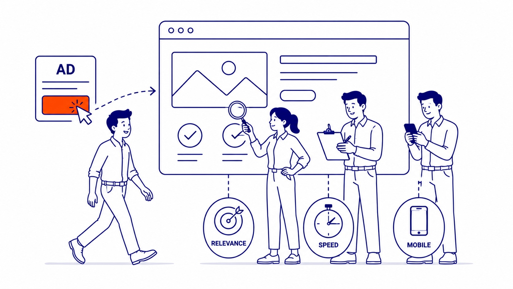 Illustration of landing page relevance check: ad keyword matching the page content, load speed indicator, and mobile device