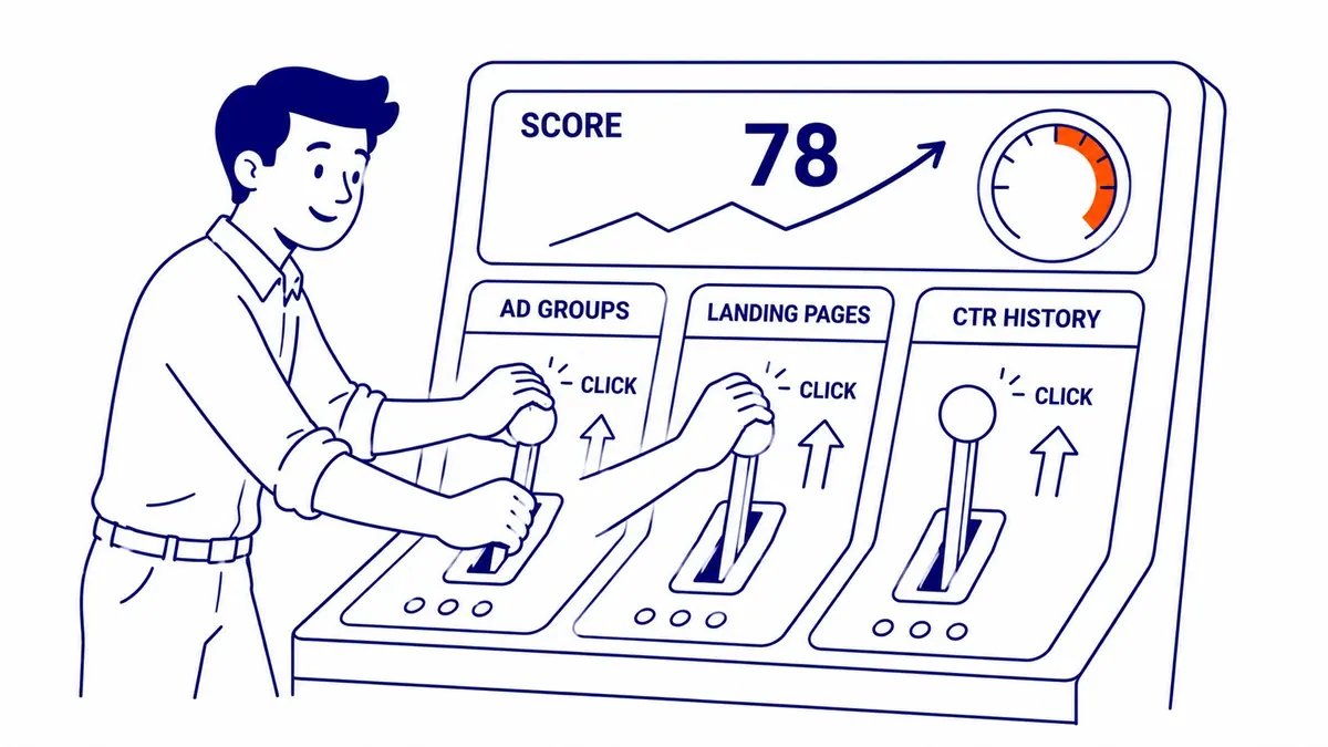 Google Ads account dashboard showing Quality Score improvements across keywords after campaign restructuring