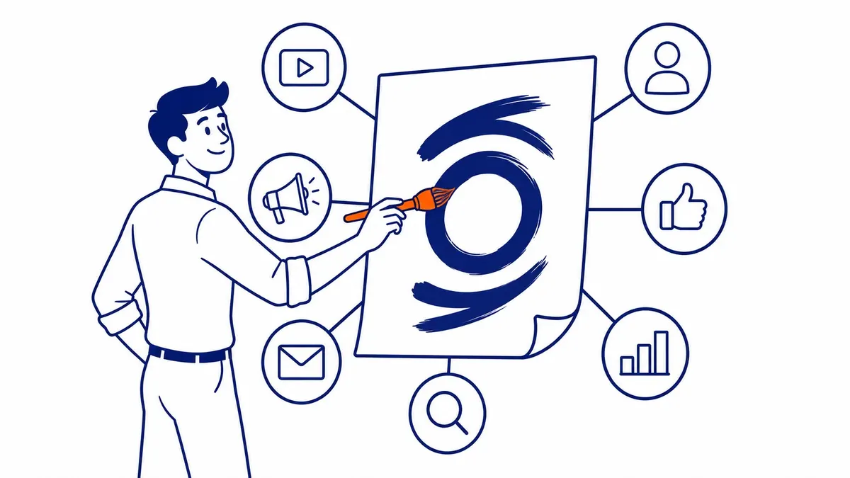 Content marketing formats including blog posts, guides, and videos feeding into social media and email nurturing