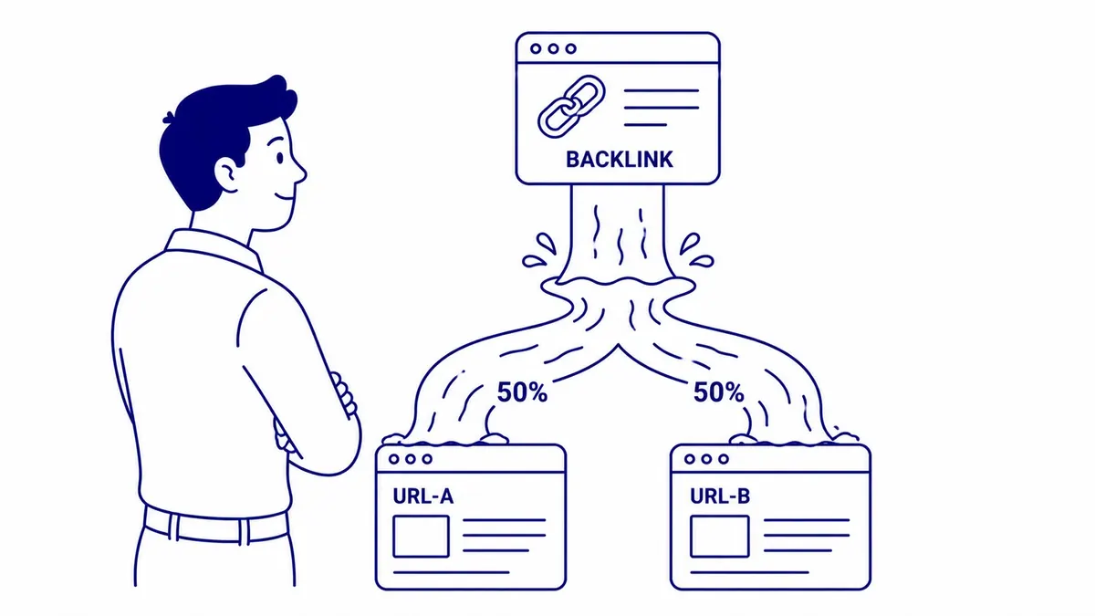 Illustration of link equity split across duplicate URLs versus consolidated on a single canonical page