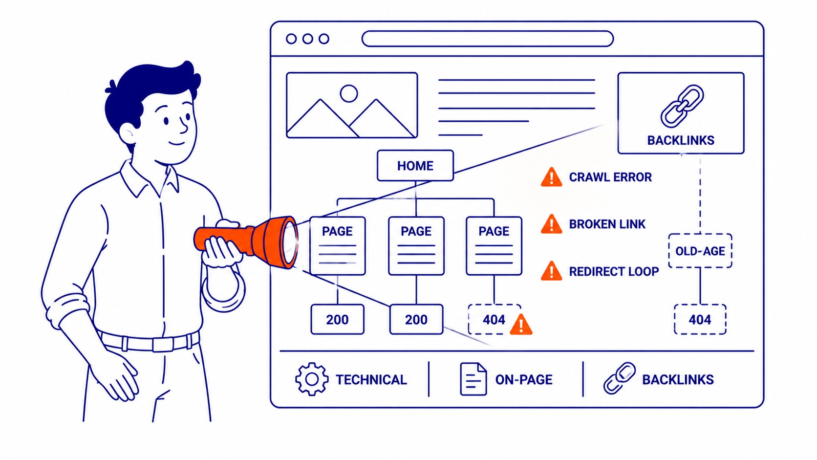 Technical Issues - The Most Common SEO Audit Finding: Crawl errors and indexing problems sit quietly while content gets published on top. Illustration for why seo audit is important.