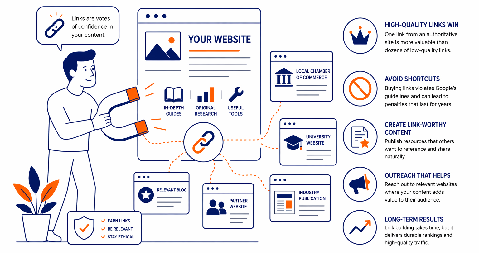 A visual representation of how high-quality backlinks signal authority and improve search rankings over time.