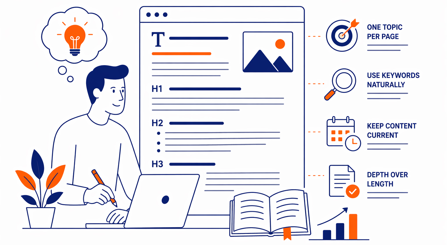 A focused illustration of creating useful, topic-driven content that answers search questions clearly and completely.