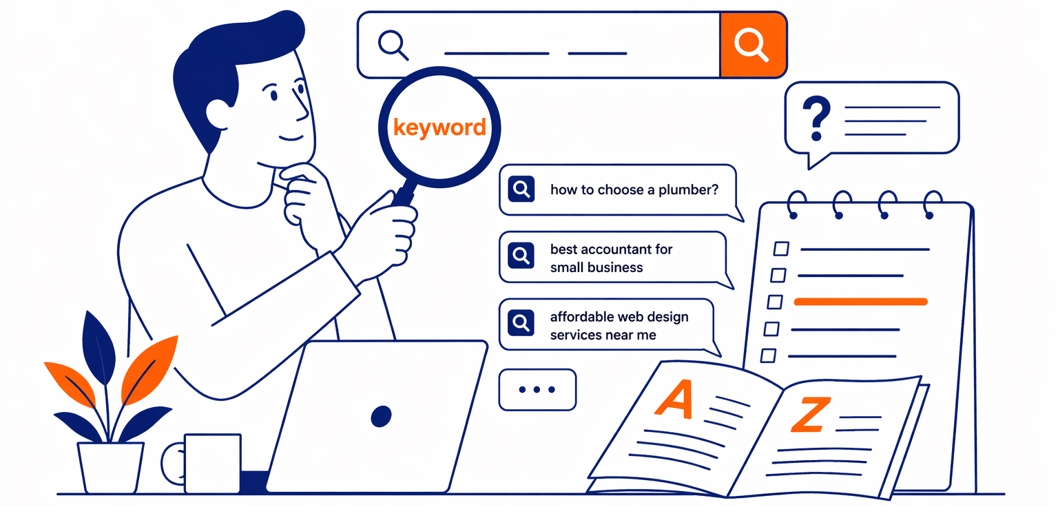 A business owner analyzes real search queries and topics to identify the right keywords before creating or optimizing content