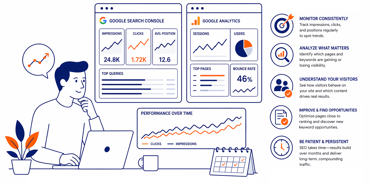 A snapshot of monitoring rankings, traffic, and user behavior to refine your strategy and improve results over time.