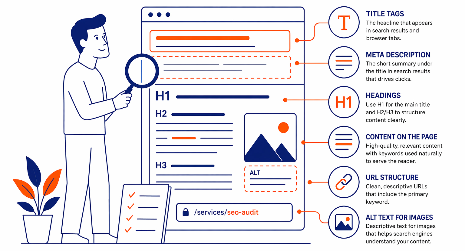 A structured view of how titles, headings, content, and other on-page elements help search engines understand and rank a page